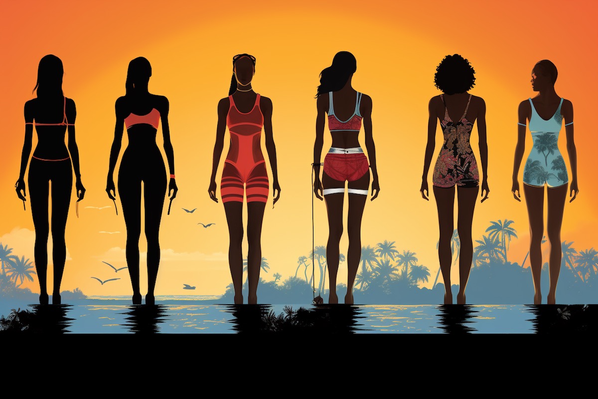 Illustration showcasing different swimwear fits on silhouettes