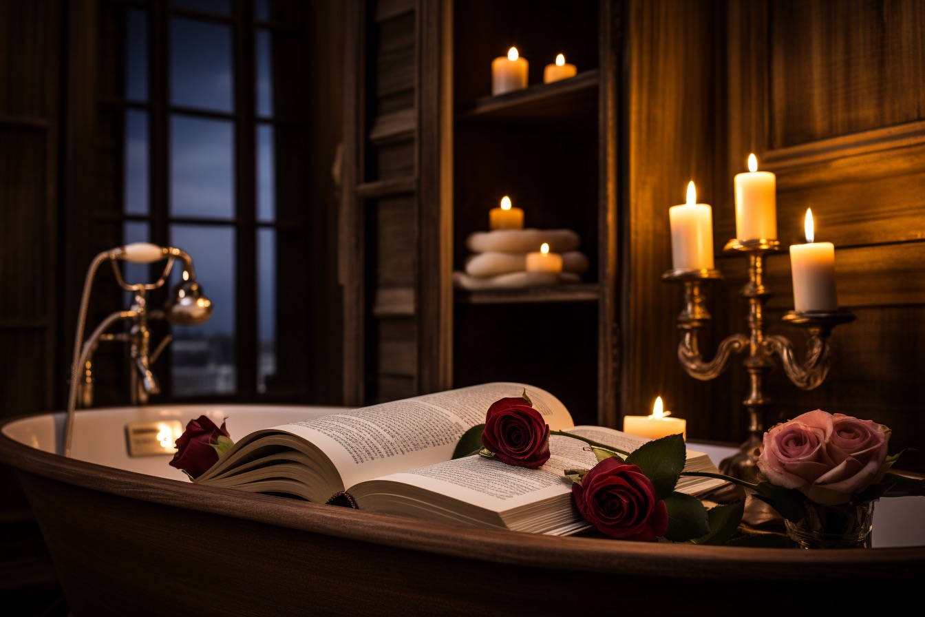 A luxurious bubble bath setup with candles, a book, and a soft towel.