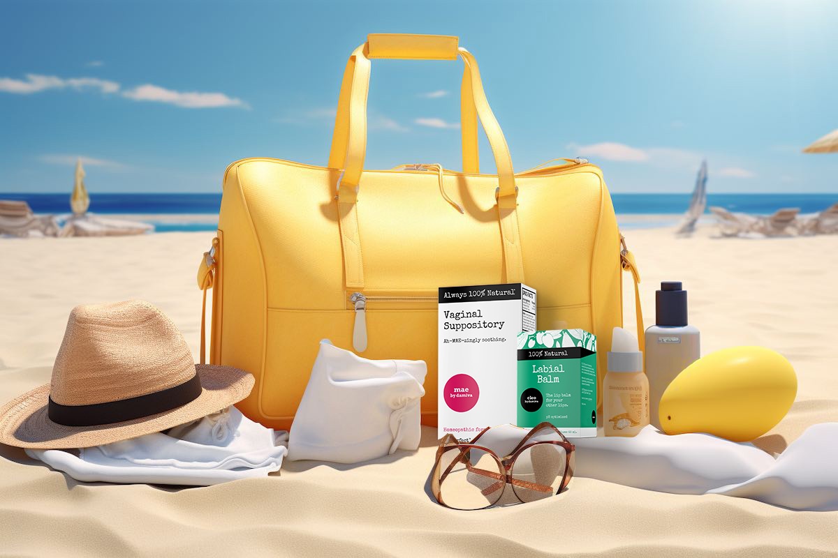 A beach bag with essentials, including sunscreen, a water bottle, and Mae by Damiva moisturizer, and Cleo by Damiva.