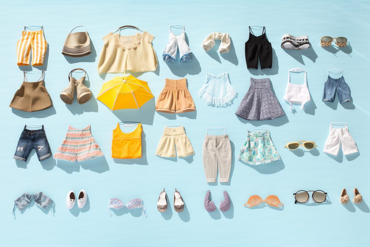collage of various swimwear styles laid out on a sunlit background