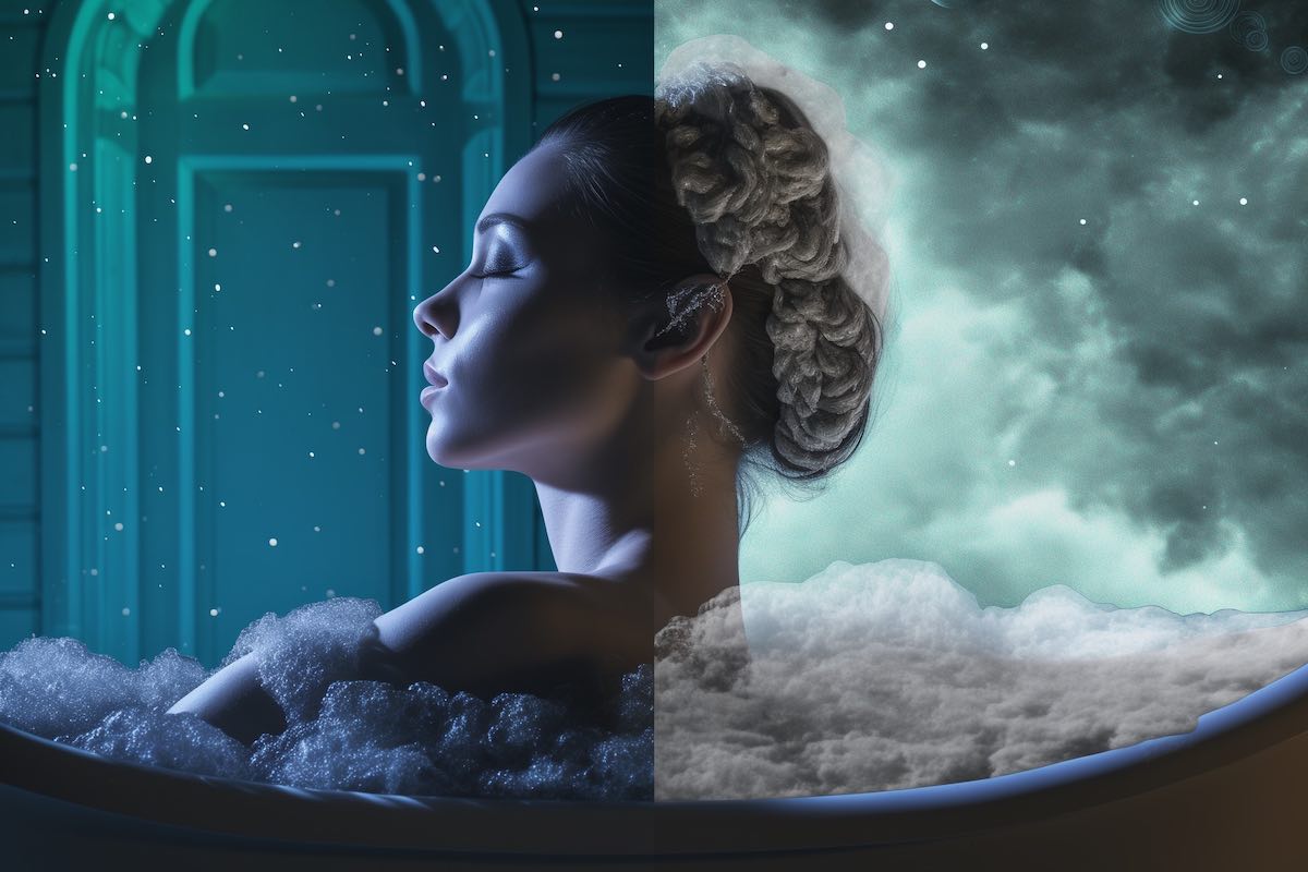  split image showing a relaxing bubble bath on one side and irritated skin patterns on the other, depicting the contrast