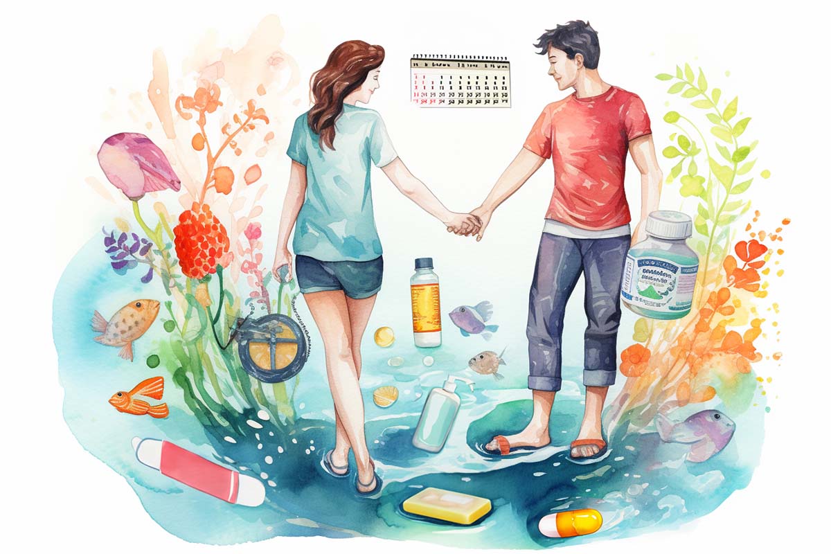A collage of various symbols like  calendar (menstruation), a couple (sexual activity, hormones), and medicine pills, capturing the essence of factors influencing vaginal pH