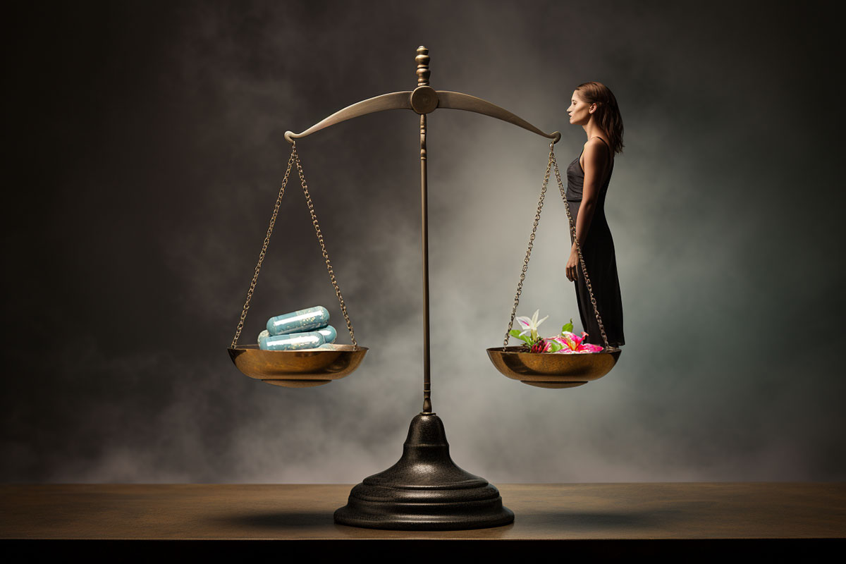 A balanced scale with pills (medication) on one side and a healthy woman with flowers on the other, symbolizing the vaginal flora