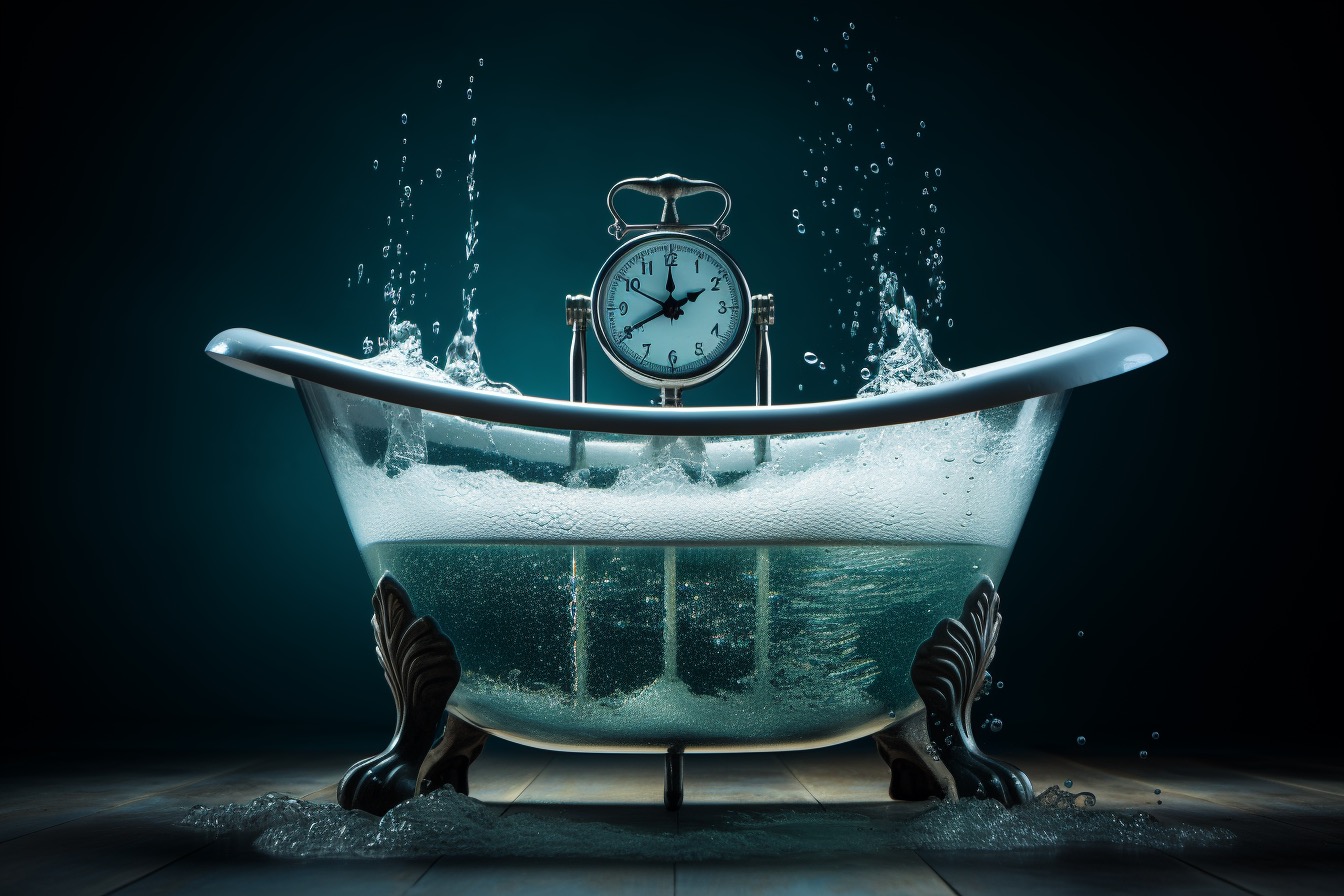 An clock in a bathtub, symbolizing the passage of time and potential effects over time