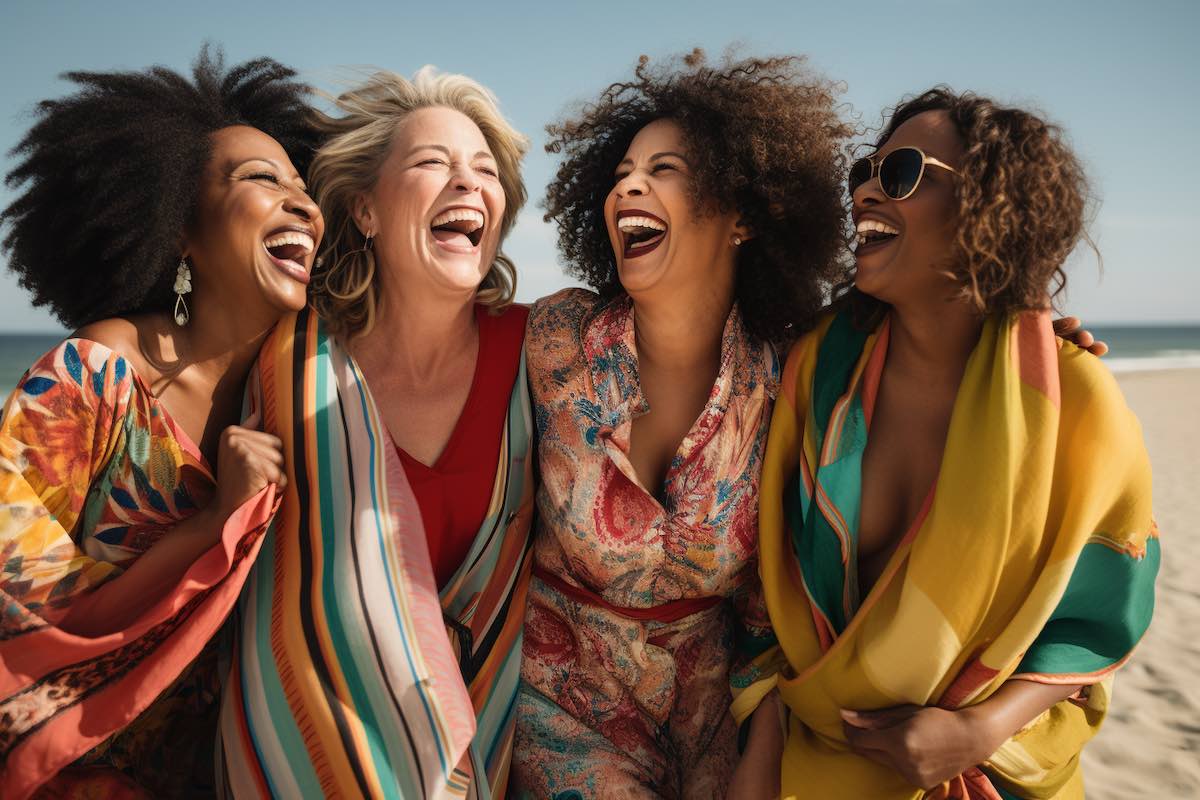 A joyful group of diverse women at the beach, epitomizing the balance of style and health