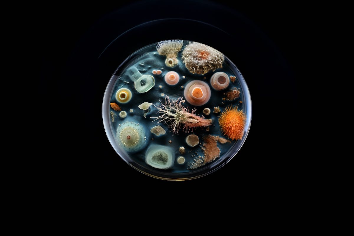 A magnified view of seawater showcasing various salts and microorganisms
