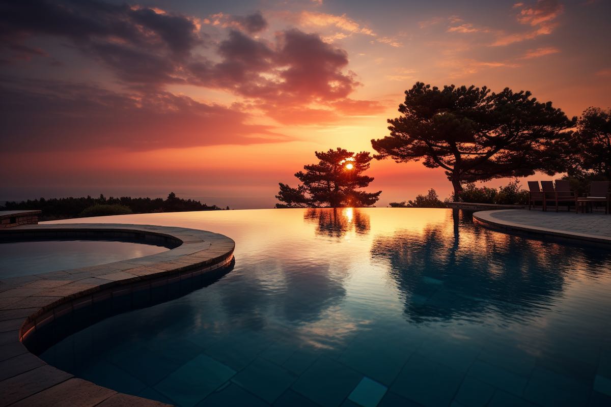  A beautiful pool during sunset.