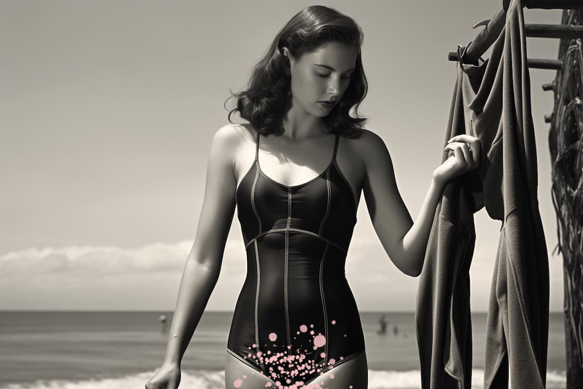 A woman adjusting her swimsuit at the beach, with an overlay showcasing potential areas of irritation