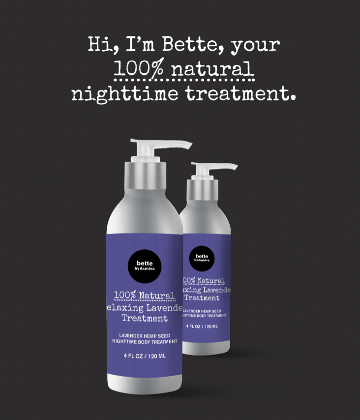 Two bottles of Bette, a 100% natural relaxing lavender nighttime treatment to help you sleep. 