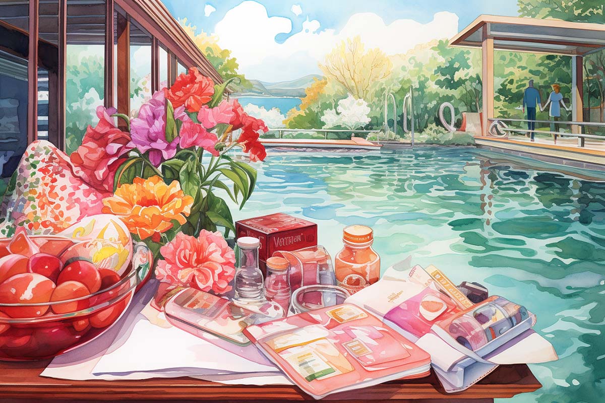 A watercolor-style image capturing the essence of intimacy, a refreshing swim, and a collection of fem care products
