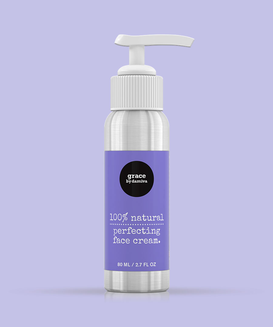 Bottle of Grace by Damiva - 100% natural perfecting face cream - against a purple background.
