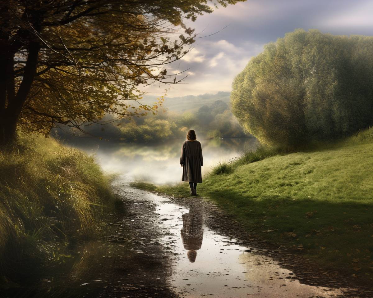 Woman on a tranquil path, reflecting on her menopausal journey with nature as her backdrop.